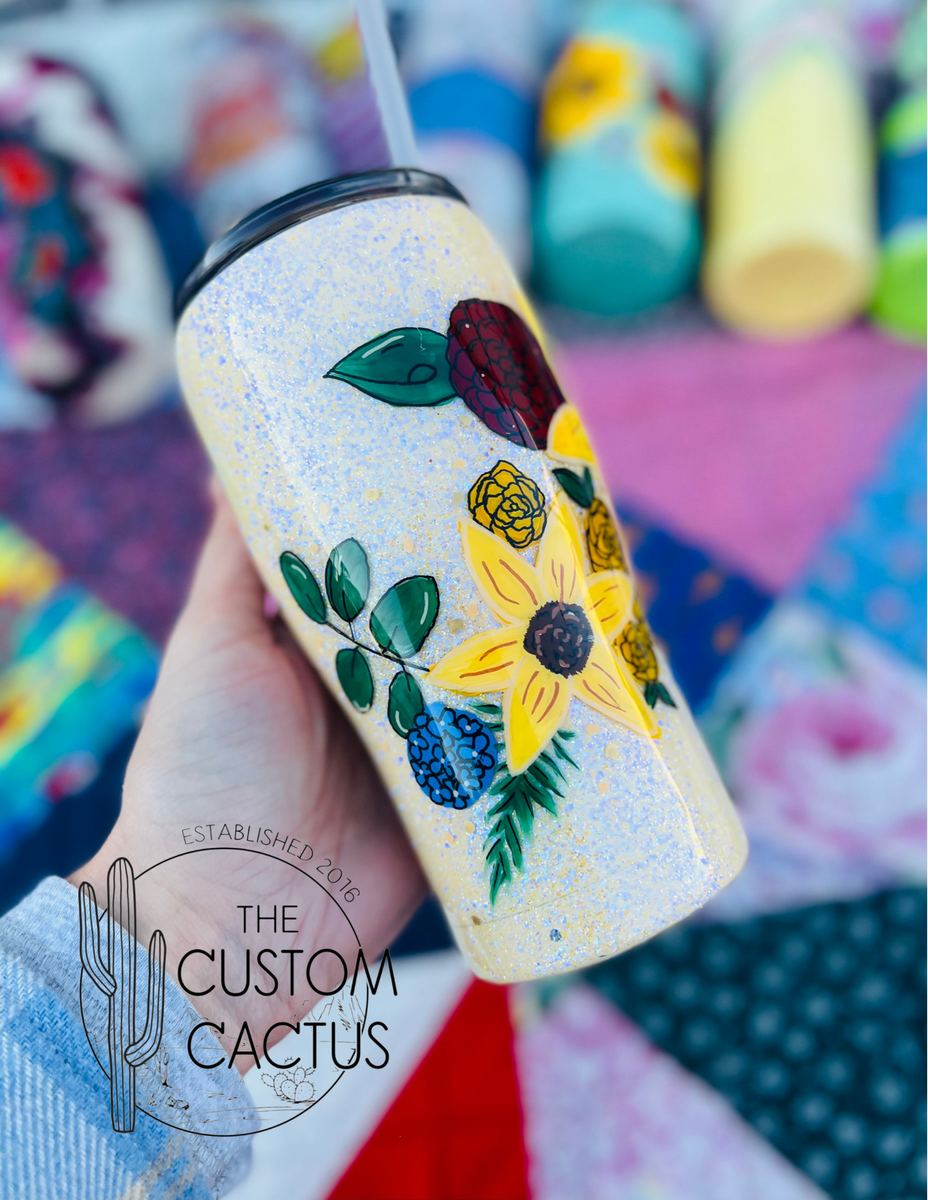 24 oz Curve Tumbler w/Handle - Yellow Rose Hand Painted – MysticCharmDesigns